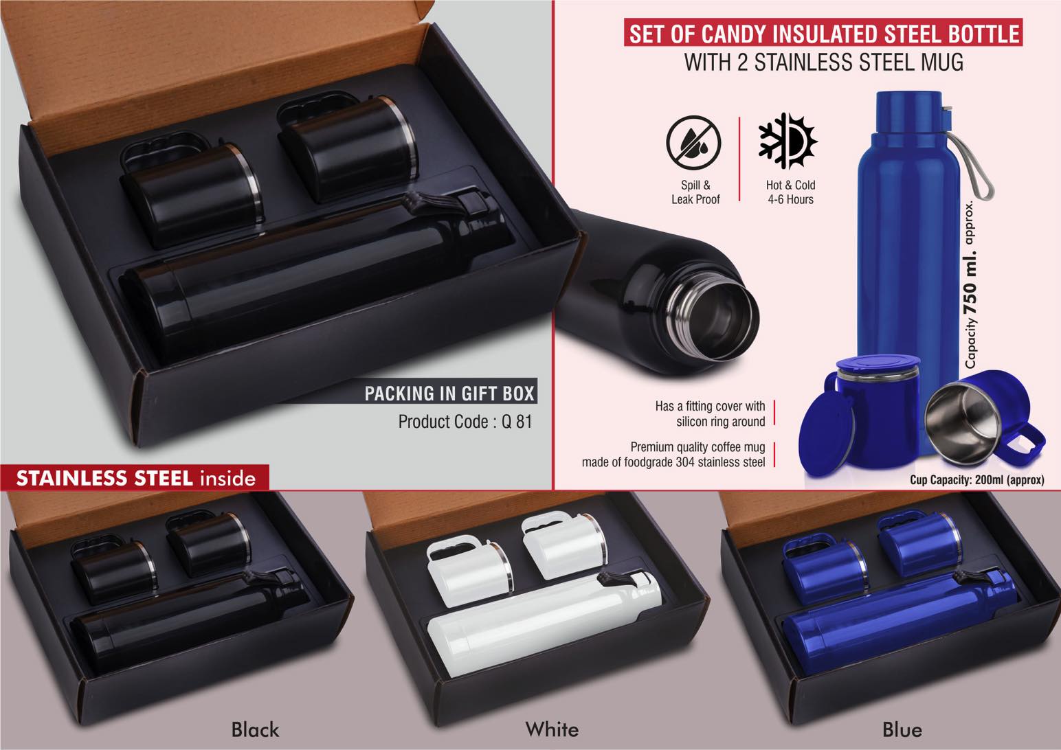 Set of Candy Insulated Steel Bottle with 2 Stainless Steel cups in Gift box