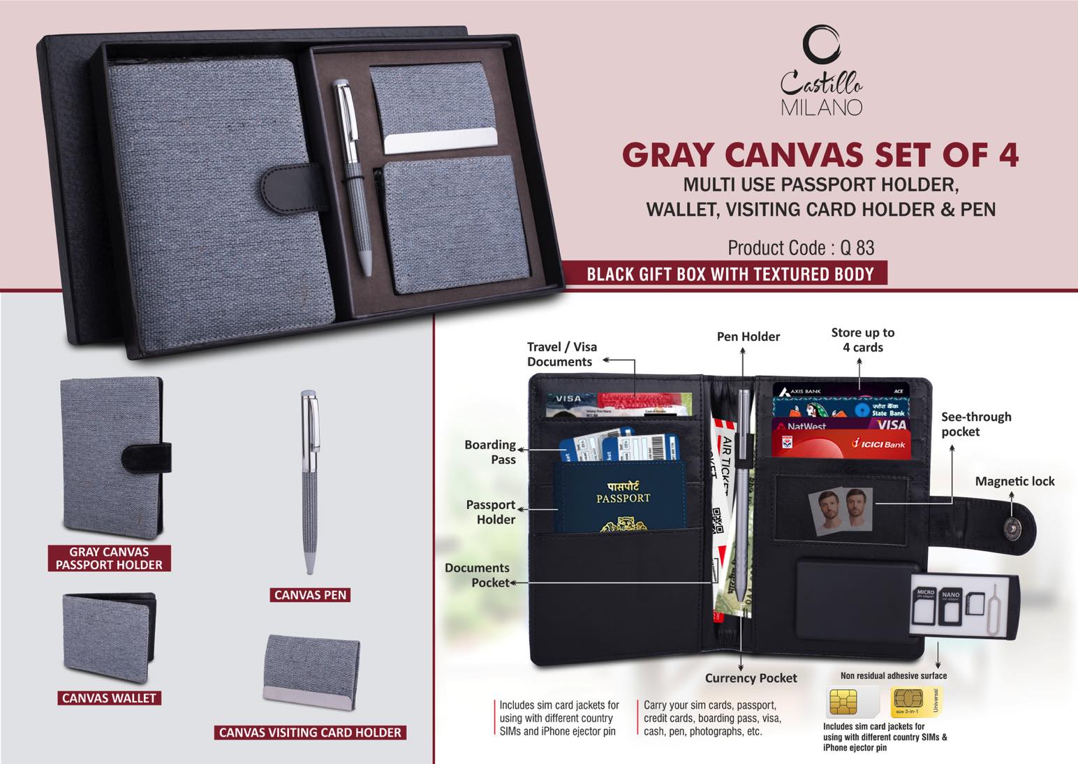 Canvas Gray Set of 4: Multi use Passport holder,