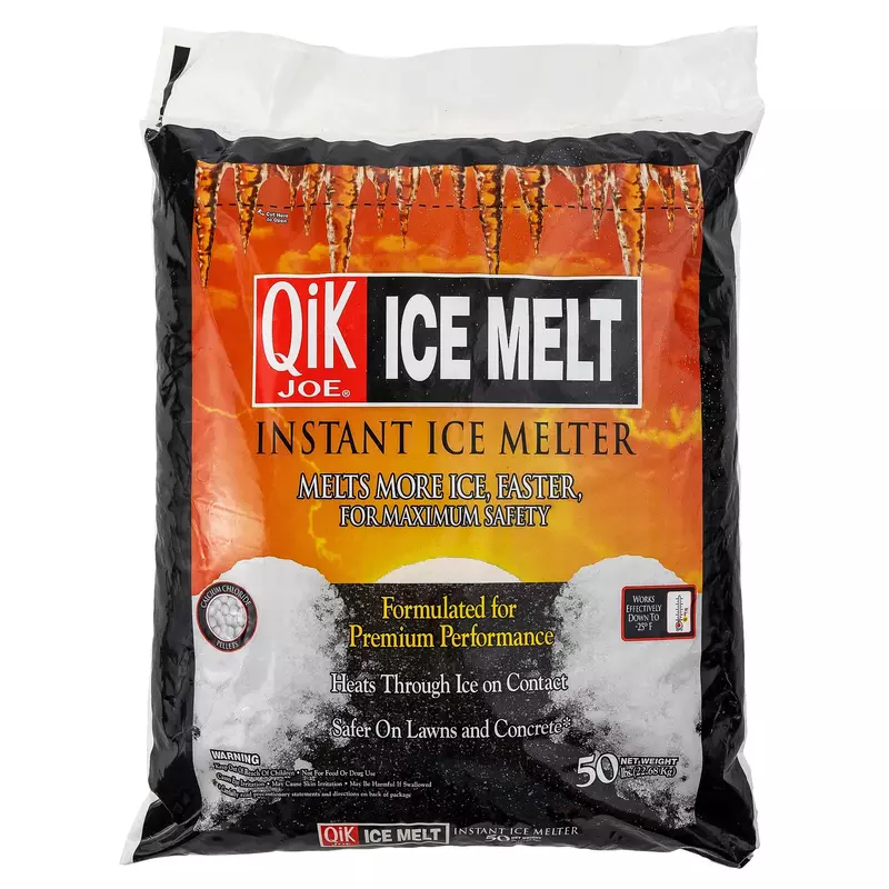 Qik Joe Calcium Chloride Ice Melt- 50Lbs Bag- Instant Snow and Ice Melt for Sidewalks, Driveways, Steps, and Parking Lots - Deicer for Concrete, Asphalt, and Other Surfaces