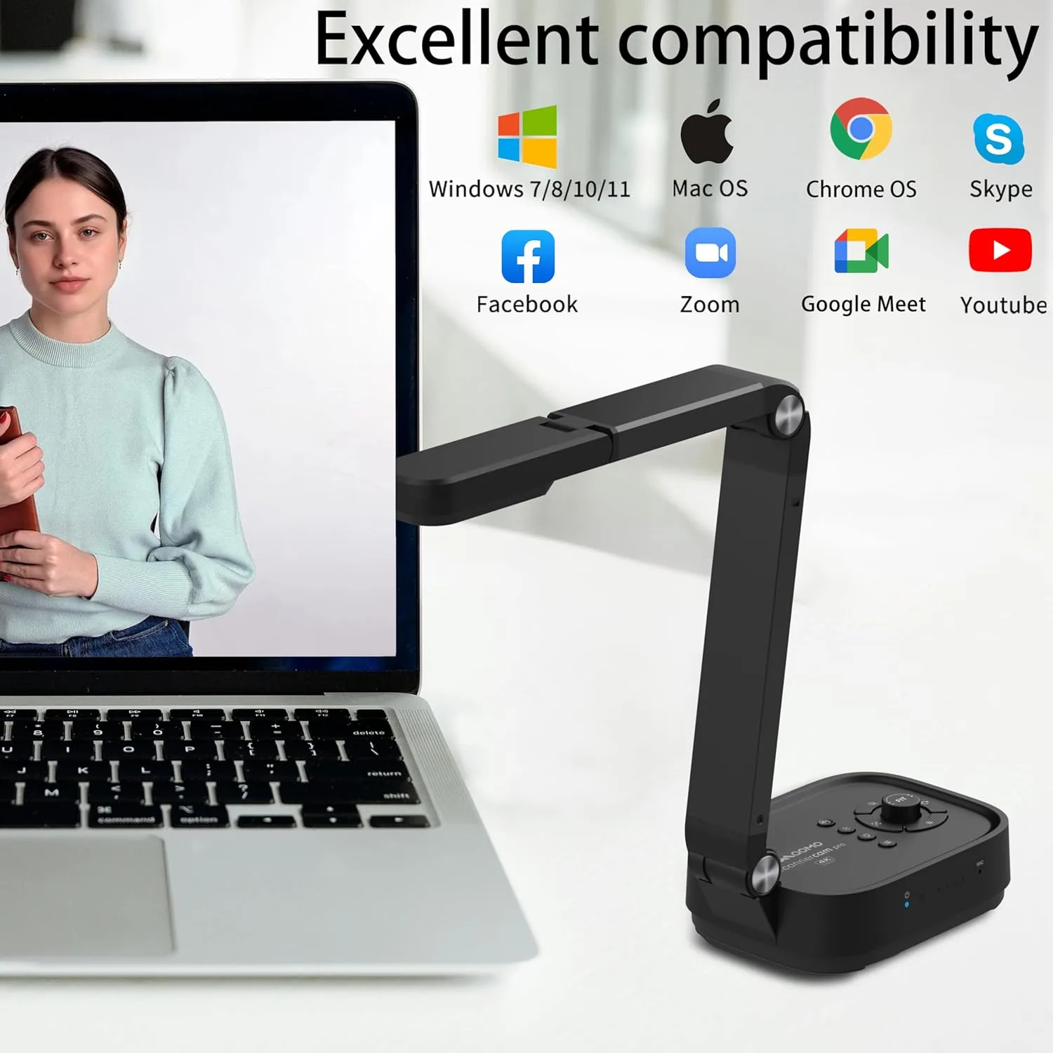QPC100S 4K USB 13MP Portable Document Camera, with Mic, LED Light,Auto Focus, HDMI/USB Plug and Play, Compatible with Mac OS, Windows, Chromebook Compatible for Live Demo and Document Scanning