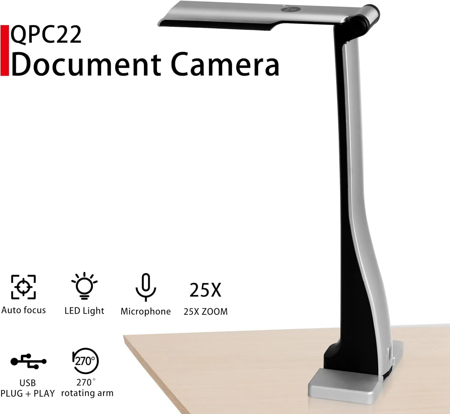 ScannerCam 22 Portable 8.0 MP USB Document Camera with Built-in Mic and LED Light for MAC, PC, Chromebook. Designed for Online Learning, Web Meeting and Document Scanning