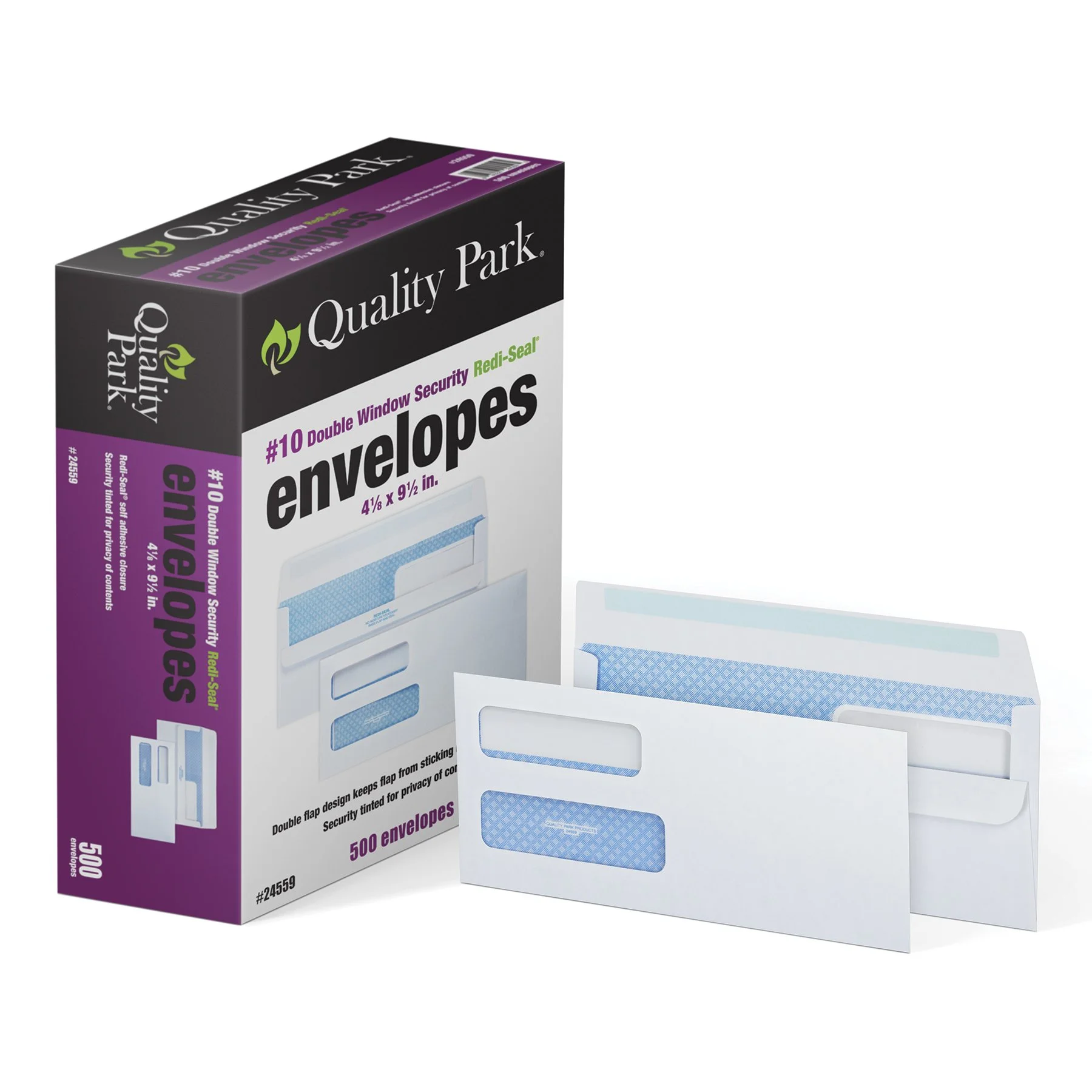 Quality Park #10 Double-Window Self-Seal Security Envelopes, For Business Statements, Invoices, 4-1/8" x 9-1/2", White, 24-lb, 500 Per Box