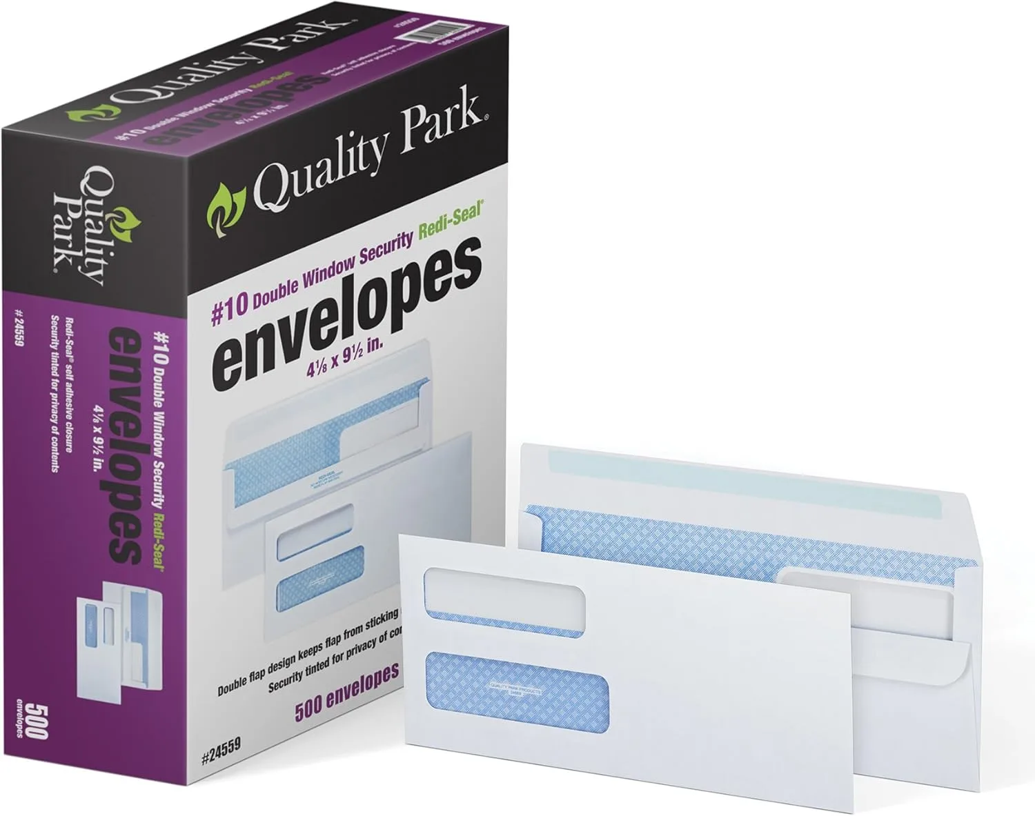 Quality Park #10 Double-Window Self-Seal Security Envelopes, For Business Statements, Invoices, 4-1/8" x 9-1/2", White, 24-lb, 500 Per Box