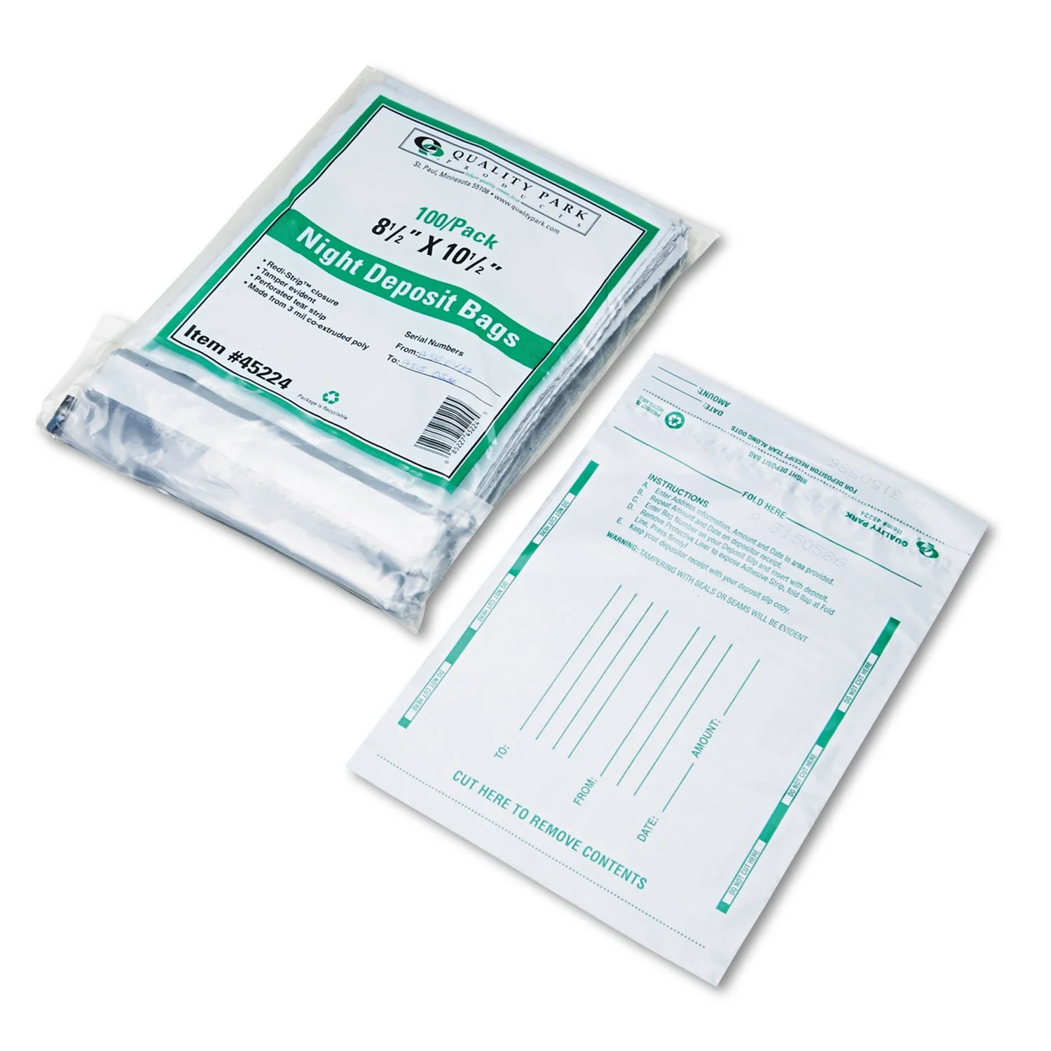 Quality Park 45224 Poly Night Deposit Bags w/Tear-Off Receipt, 8.5 x 10-1/2, Opaque, 100 Bags/Pack