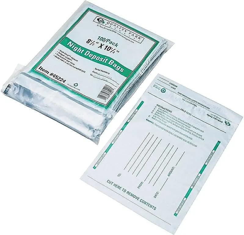 Quality Park 45224 Poly Night Deposit Bags w/Tear-Off Receipt, 8.5 x 10-1/2, Opaque, 100 Bags/Pack