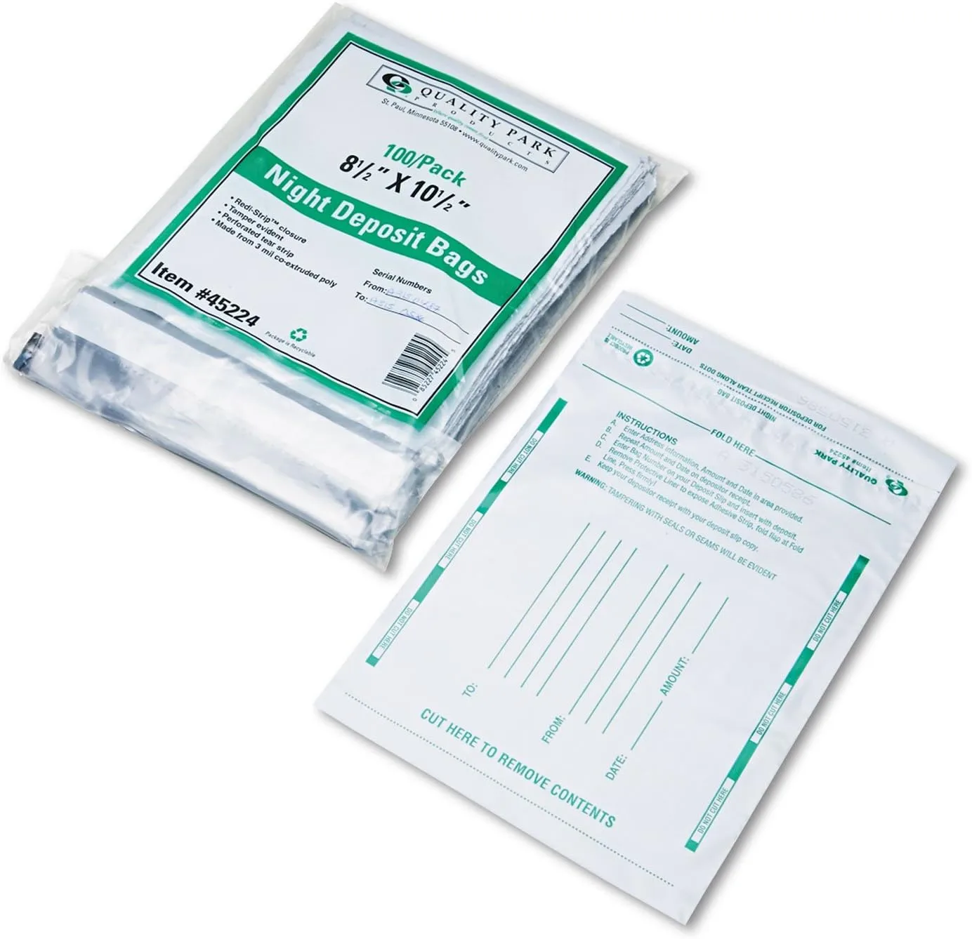Quality Park 45224 Poly Night Deposit Bags w/Tear-Off Receipt, 8.5 x 10-1/2, Opaque, 100 Bags/Pack