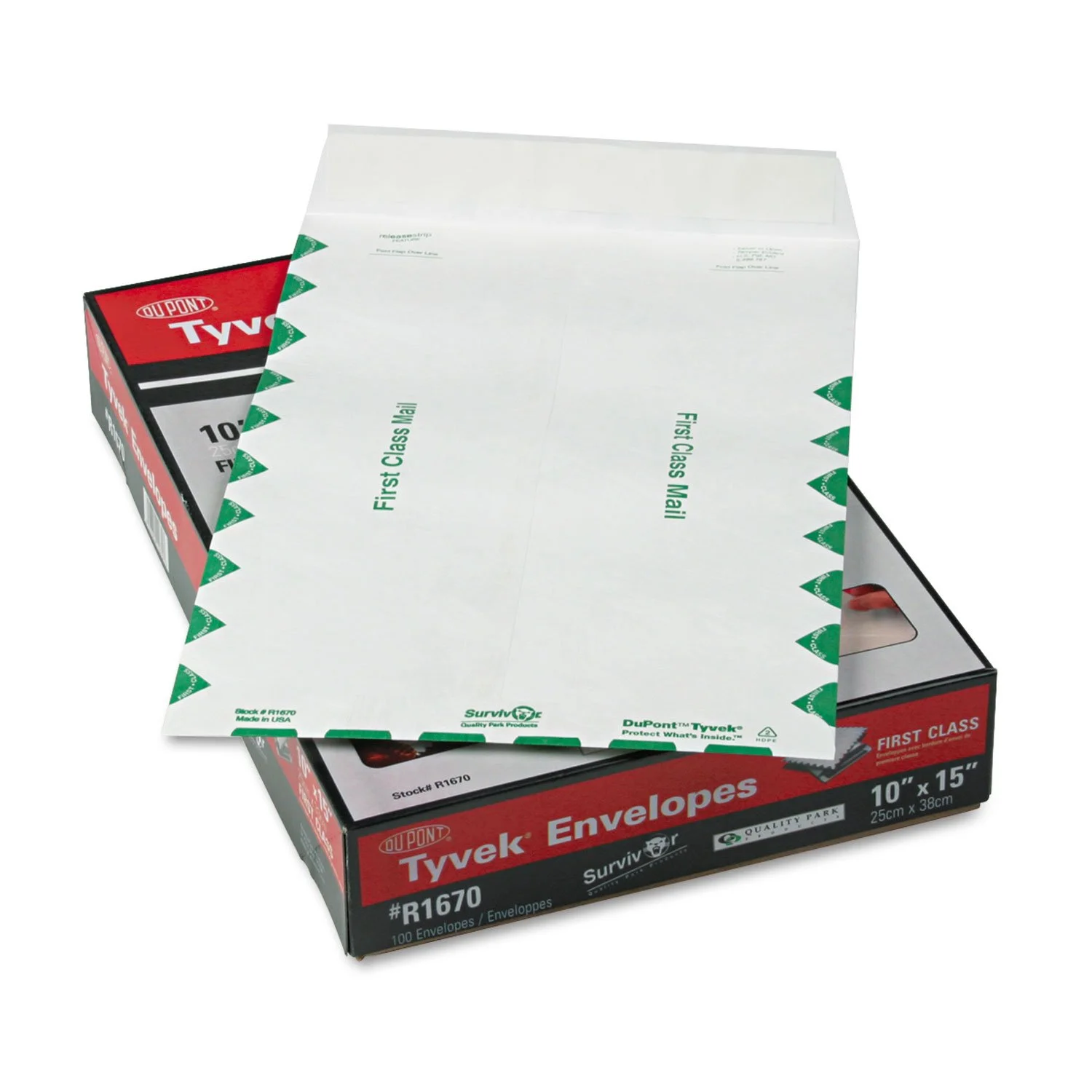 Quality Park Tyvek First Class 10 x 15 Envelopes, 14 lb, Self-Adhesive - Box of 100
