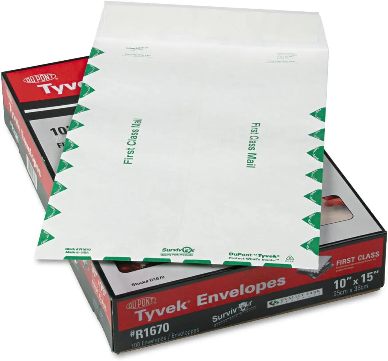 Quality Park Tyvek First Class 10 x 15 Envelopes, 14 lb, Self-Adhesive - Box of 100