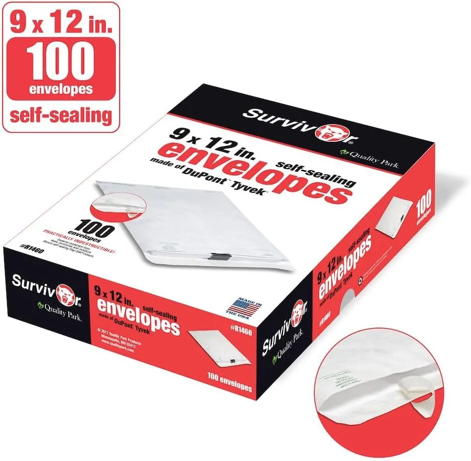 Quality Park Survivor 9 x 12 Catalog Envelopes made with DuPont Tyvek Material, Self Sealing, Puncture, Tear & Moisture Resistant, 100/Box (QUAR1460)