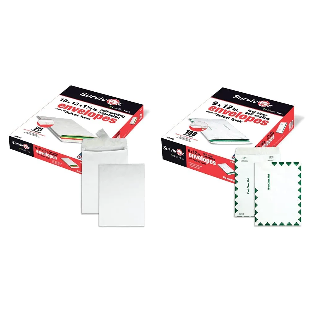 Quality Park Tyvek Expansion Mailers, 10 x 13 x 1.5, 14 lb, White, Box of 25
