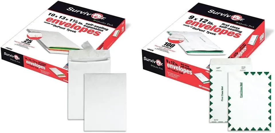 Quality Park Tyvek Expansion Mailers, 10 x 13 x 1.5, 14 lb, White, Box of 25
