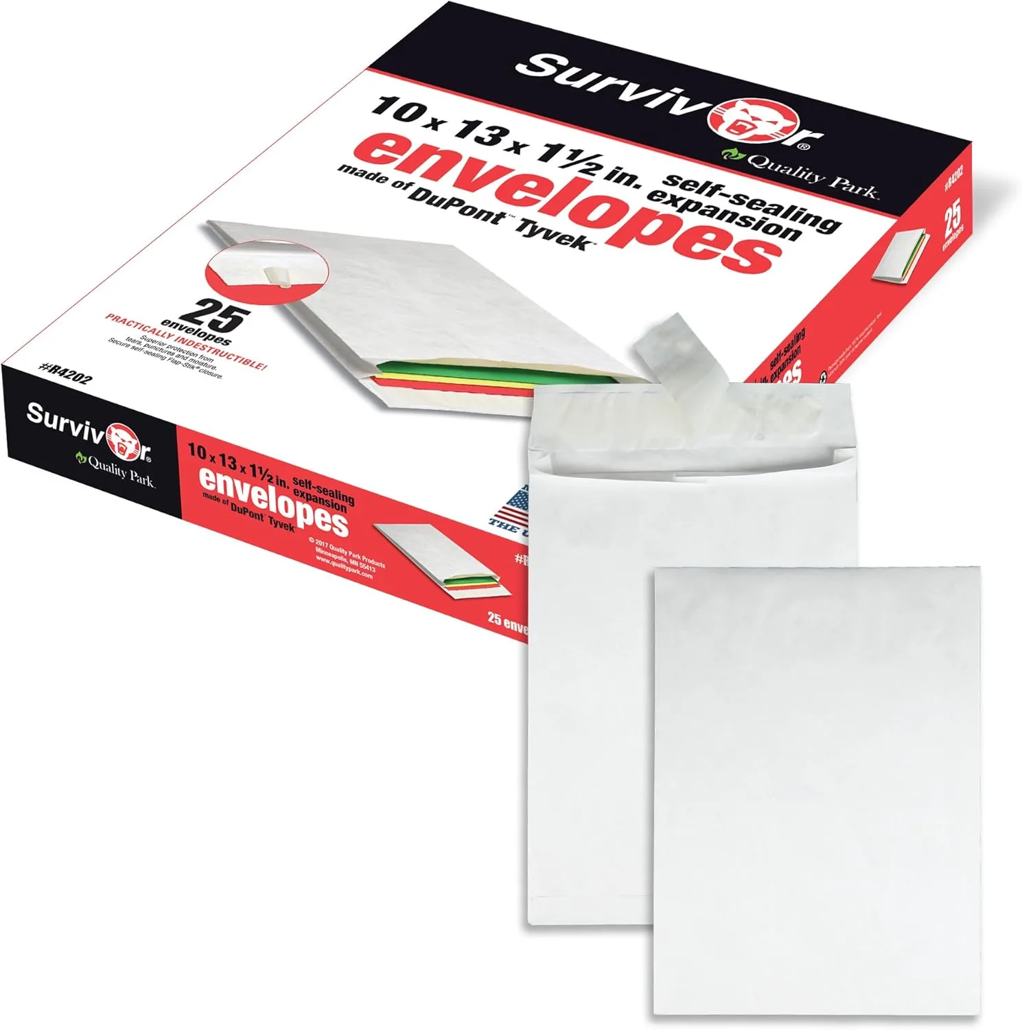 Quality Park Tyvek Expansion Mailers, 10 x 13 x 1.5, 14 lb, White, Box of 25
