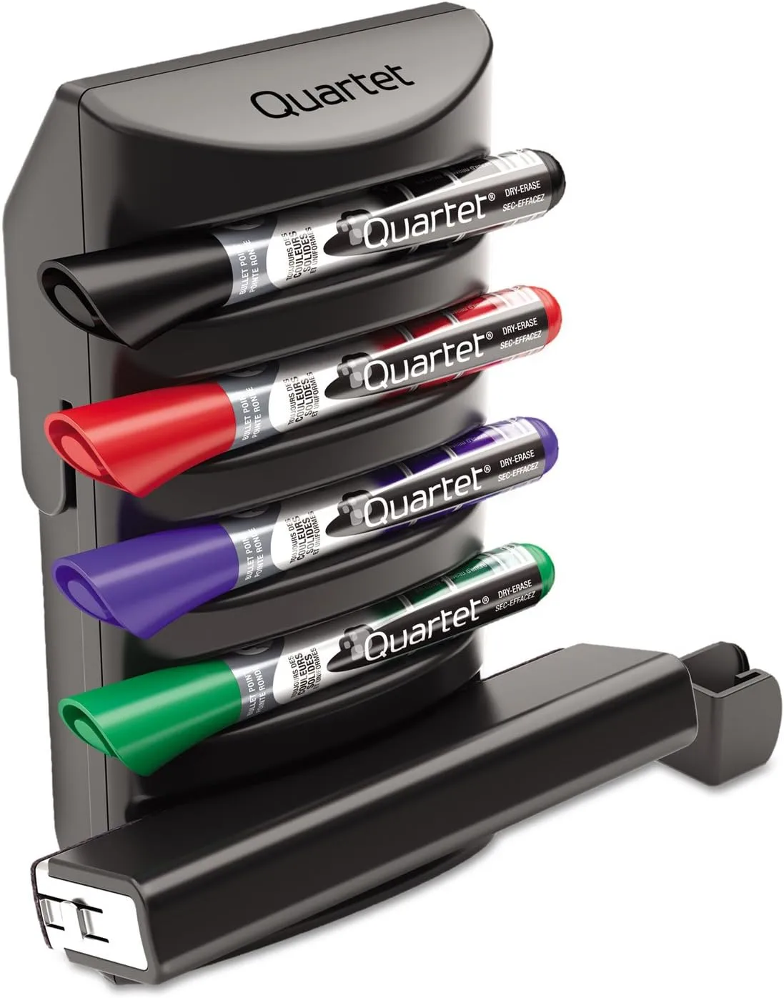 Quartet Prestige 2 Connects Marker Caddy, Includes 4 Chisel Tip EnduraGlide Dry-Erase Markers and 1 Eraser, Whiteboard Accessories, Black (85377)