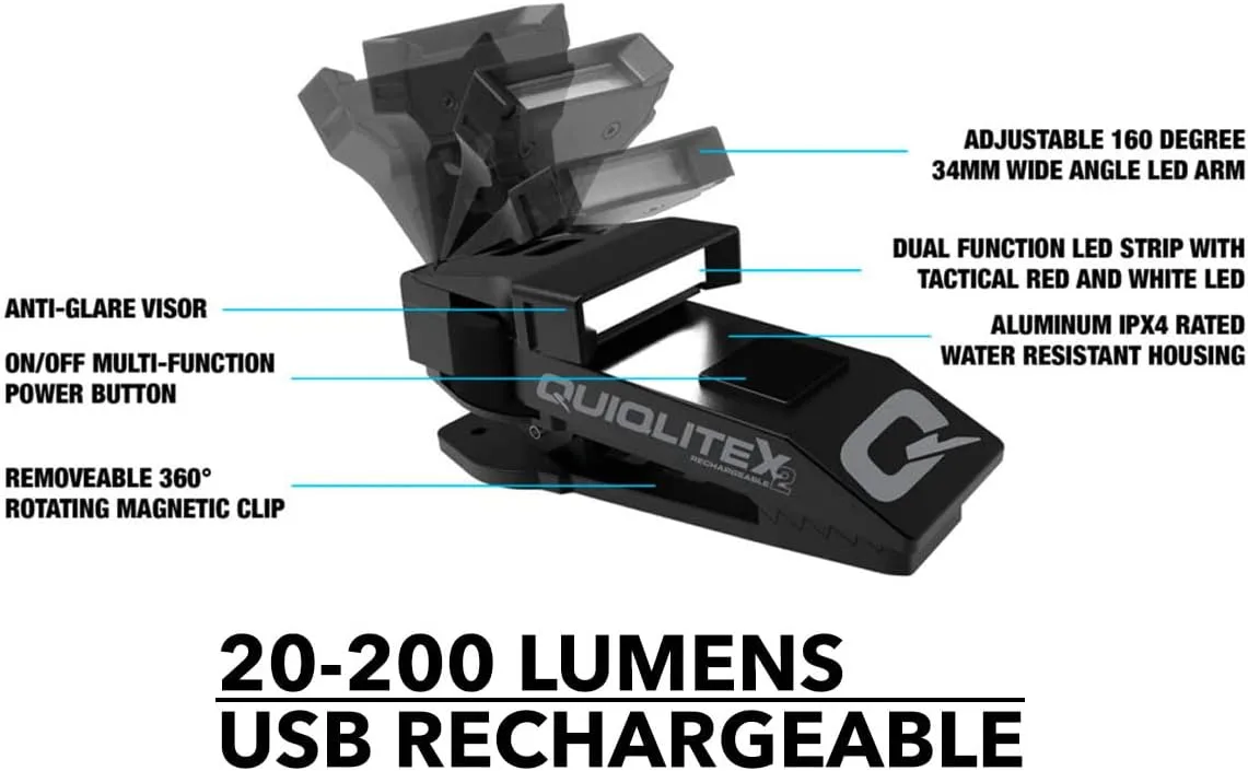 QUIQLITE QX2 Hands-Free LED Pocket Light, 20–200 Lumens, USB‑C Rechargeable, Aluminum Housing