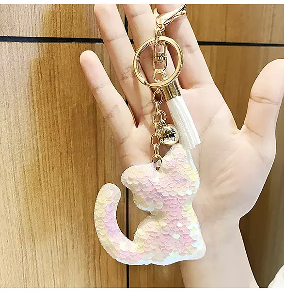 Sequin Cat Keychain with Tassel – Glitter Kitty Bag Charm