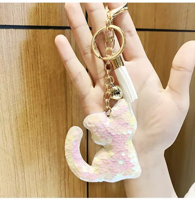 Sequin Cat Keychain with Tassel – Glitter Kitty Bag Charm