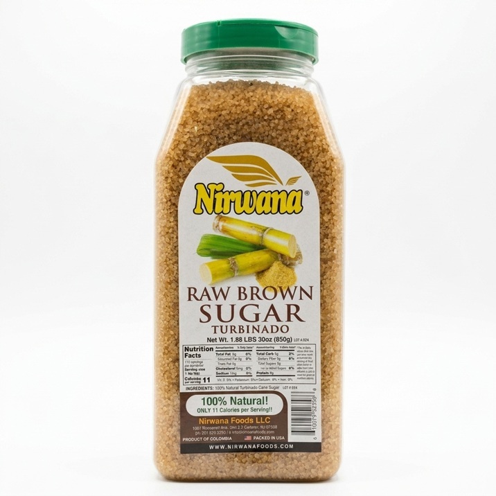 Large golden-amber crystals of Raw Brown Sugar Turbinado for gourmet topping and baking.