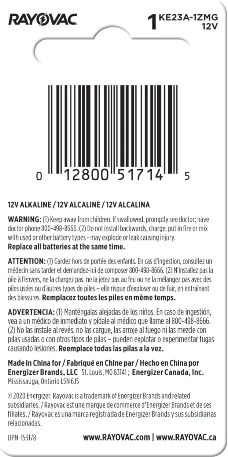 Rayovac 12V Batteries, Keyless 12 Volt Battery Alkaline, 1 Count 1 Count (Pack of 1)