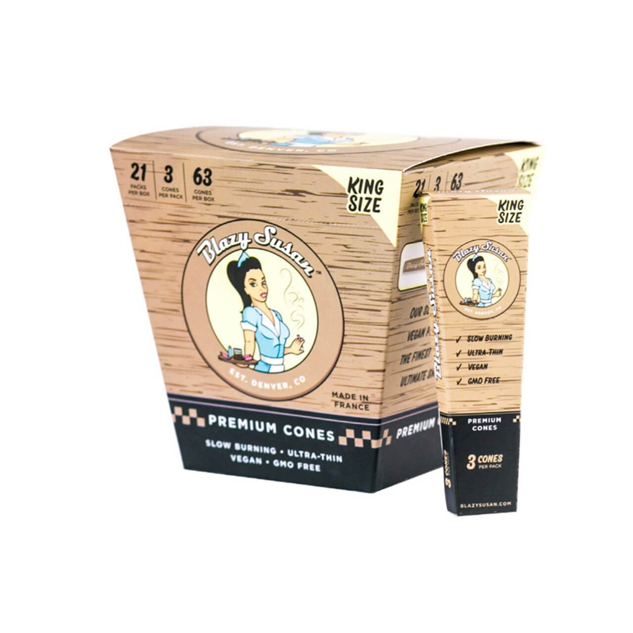 Blazy Susan® - Unbleached King Size Pre-Roll Cones (3ct) - Display of 21