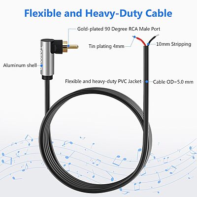 90 Degree RCA to Bare Wire Speaker Cable, 10 feet