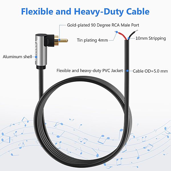 90 Degree RCA to Bare Wire Speaker Cable, 10 feet