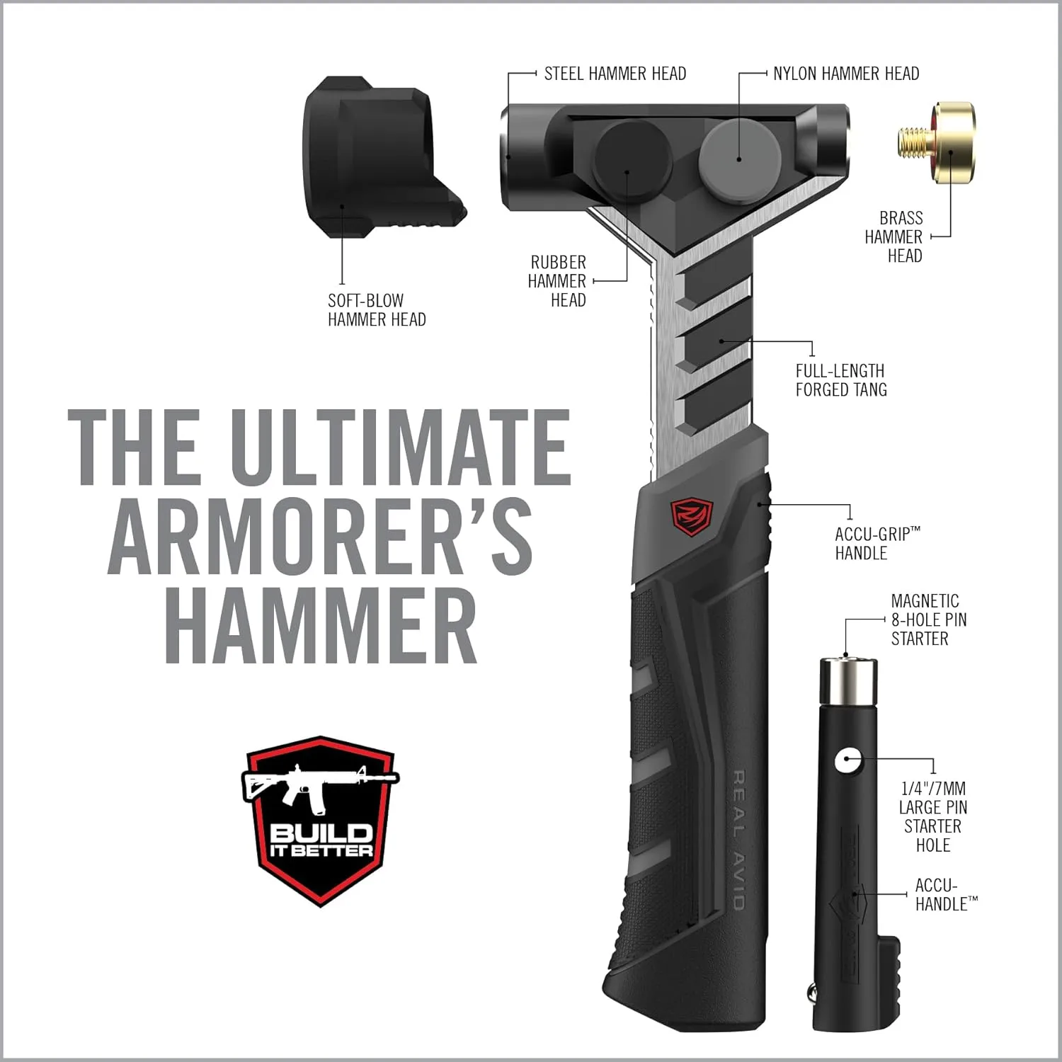 Real Avid Armorer's Master Hammer - 20 Ounce 9-1/2" Hammer with Changing Heads Including Soft Blow, Steel