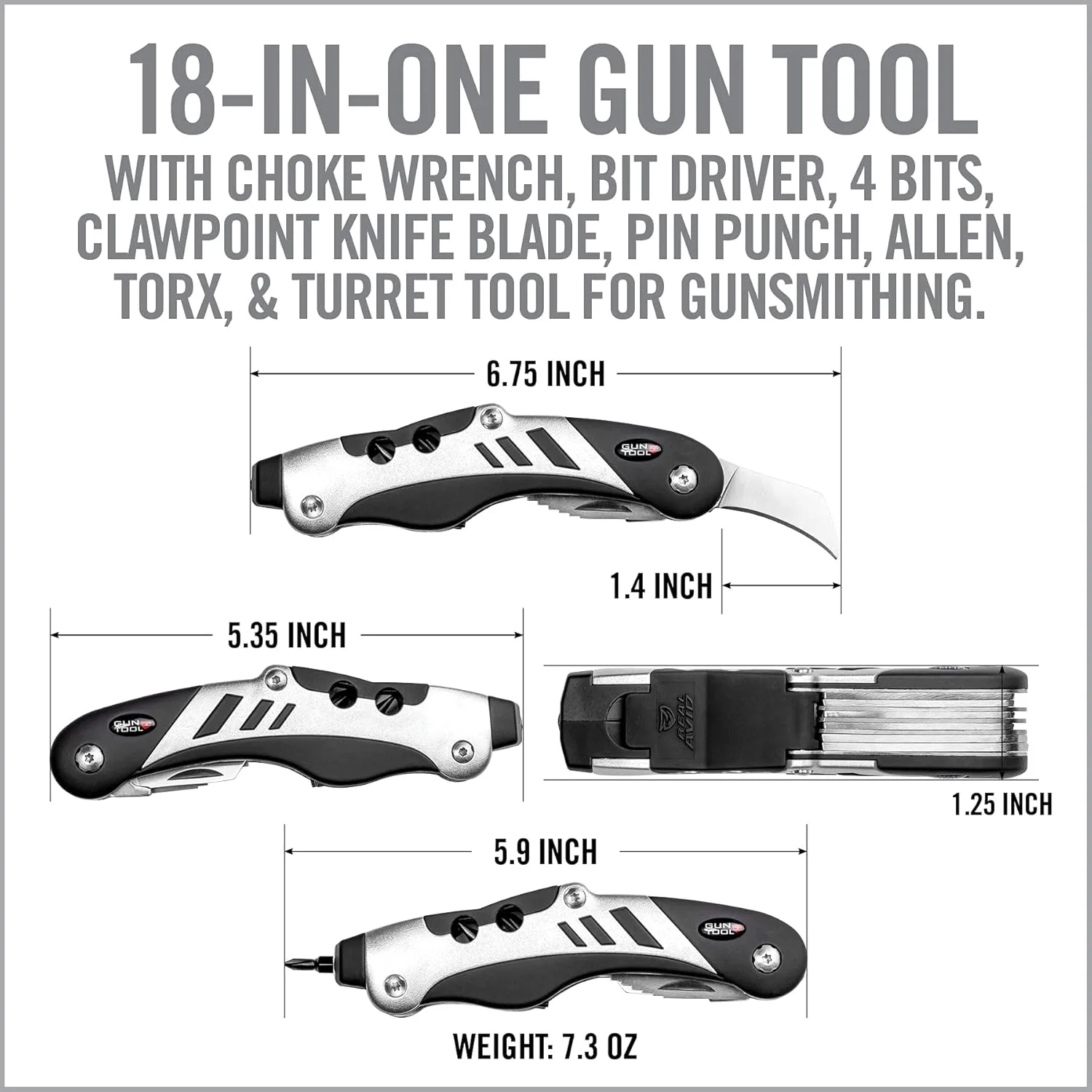 Real Avid Gun Tool - 18-In-1 Gunsmithing Shotgun & Rifle Multi Tool - Bit Driver, Torq Bits, Choke Tube Wrench, Allen Wrench