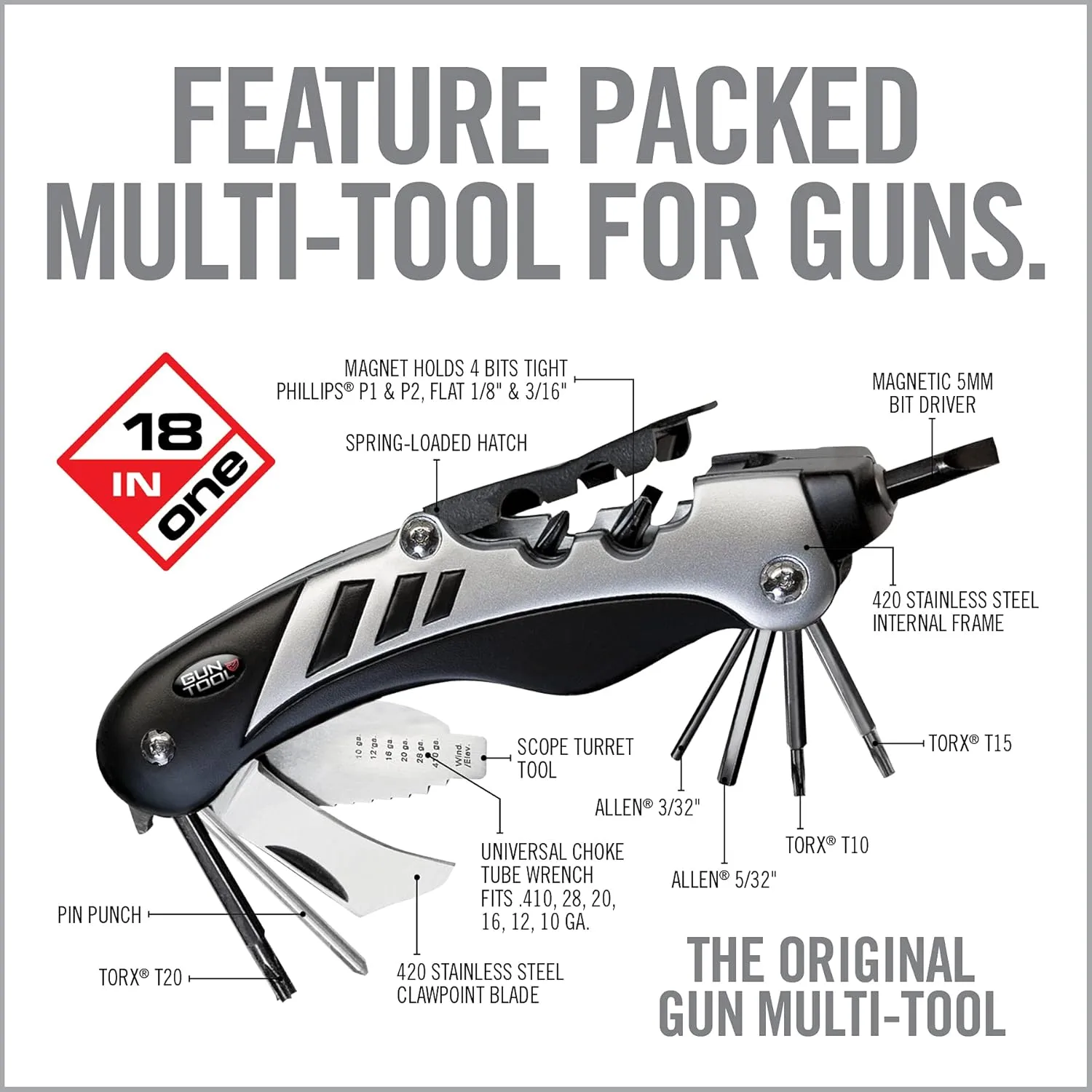 Real Avid Gun Tool - 18-In-1 Gunsmithing Shotgun & Rifle Multi Tool - Bit Driver, Torq Bits, Choke Tube Wrench, Allen Wrench
