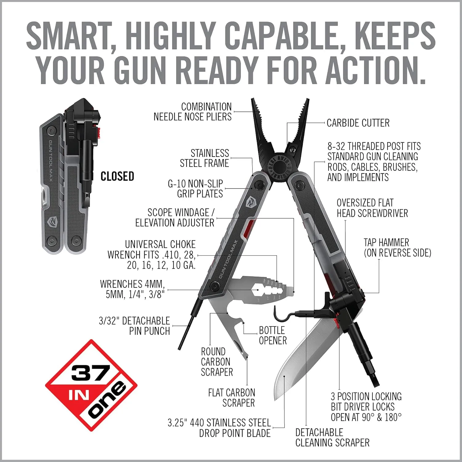 Real Avid Gun Tool Max, 37-in-1 Multitool for Gunsmithing, Includes Pliers, Wire Cutters, Knife Blade