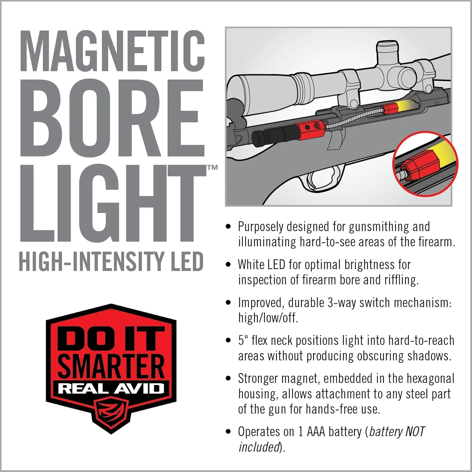 Real Avid Bore Light, Magnetic, High Intensity LED Bore Illuminator with 5” Flexible Neck for Hands Free Operation