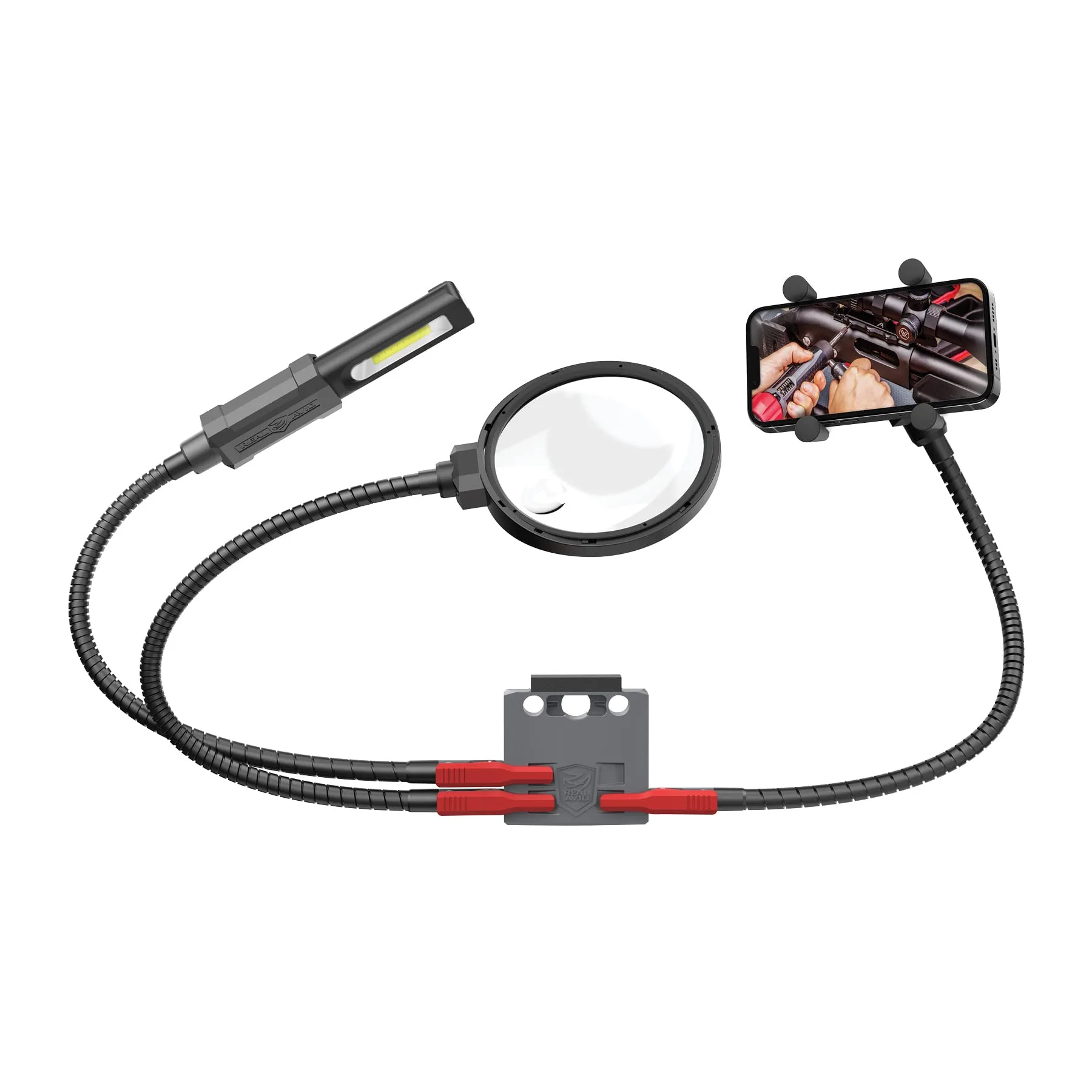 Real Avid Smart-Assist Accessory System | Includes 180 Lumen Work Light, 5-Inch Magnifying Glass and Cell Phone Holder