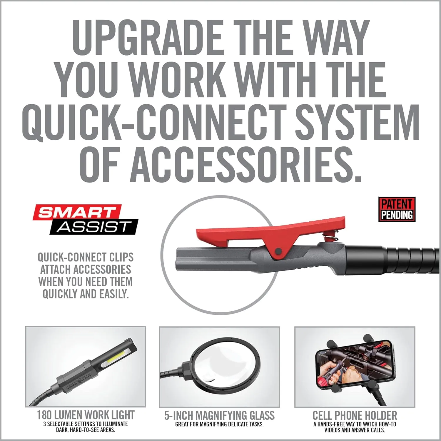 Real Avid Smart-Assist Accessory System | Includes 180 Lumen Work Light, 5-Inch Magnifying Glass and Cell Phone Holder