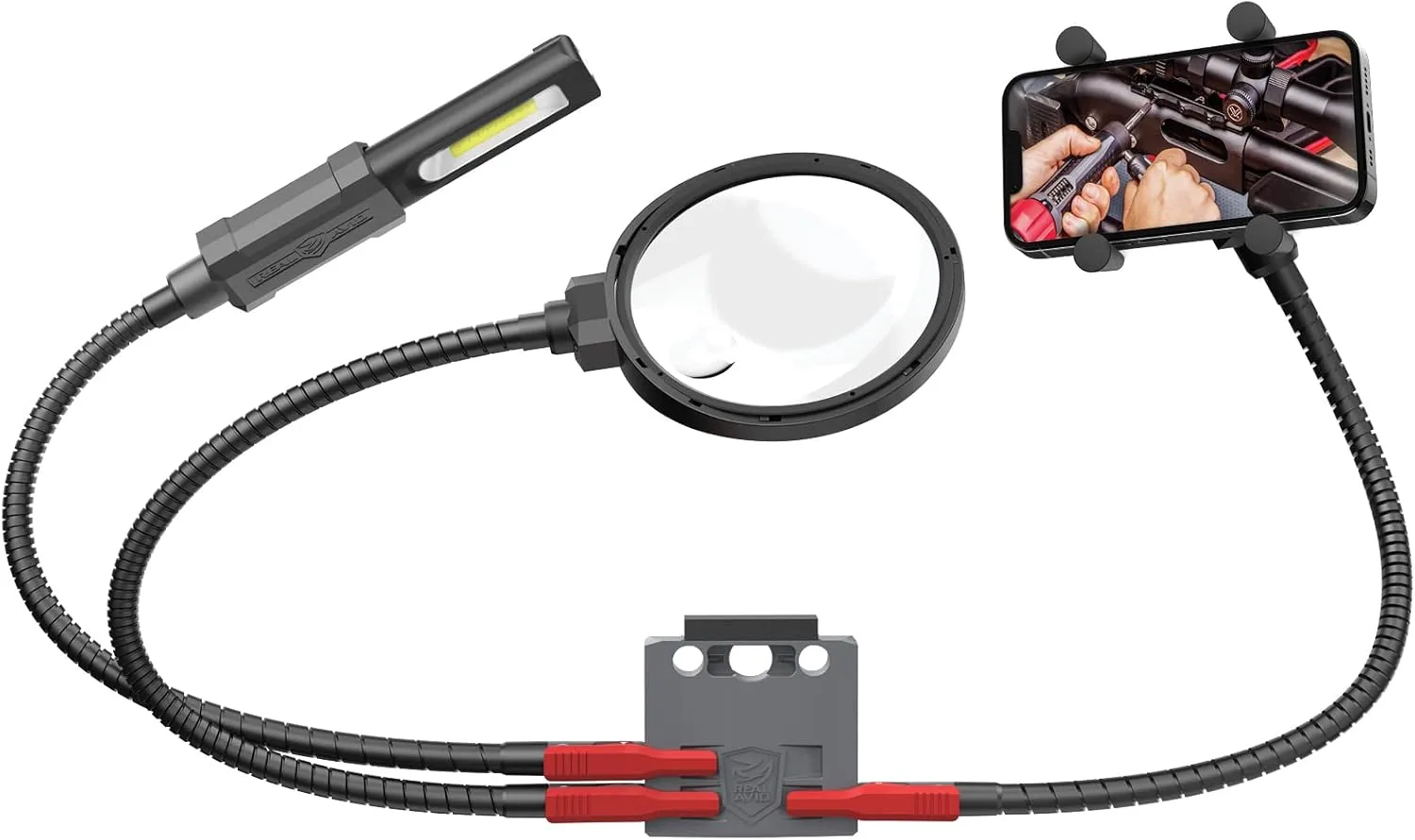 Real Avid Smart-Assist Accessory System | Includes 180 Lumen Work Light, 5-Inch Magnifying Glass and Cell Phone Holder