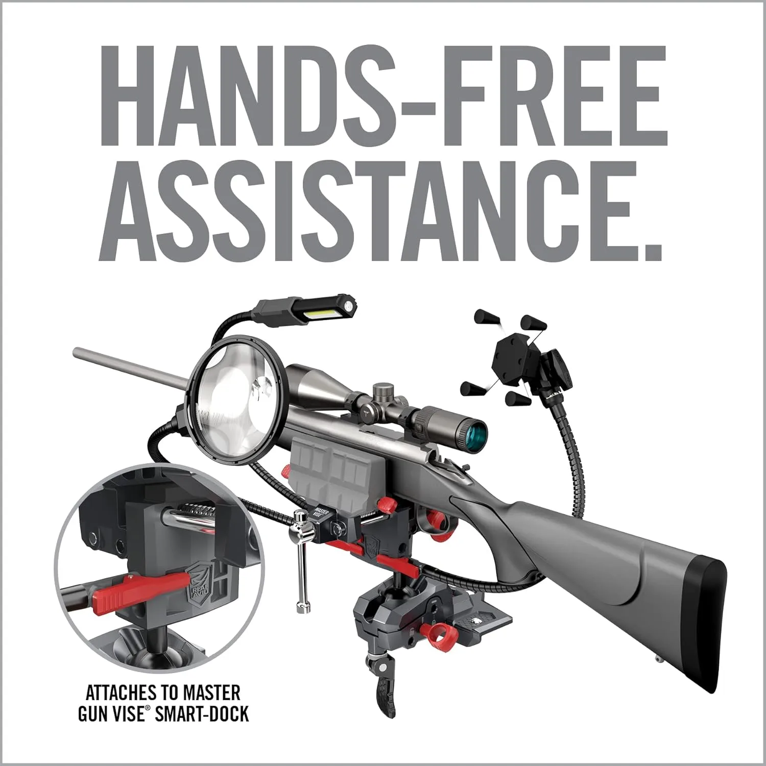 Real Avid Smart-Assist Accessory System | Includes 180 Lumen Work Light, 5-Inch Magnifying Glass and Cell Phone Holder