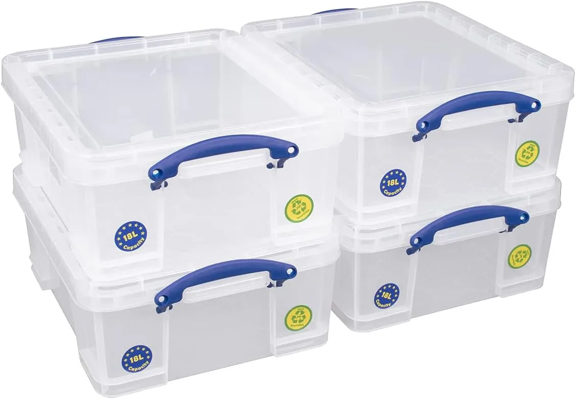 Really Useful Box Plastic Storage Container With Built-In Handles And Snap Lid, 17 Liters, 18 7/8in x 15 3/8in x 8in, Clear