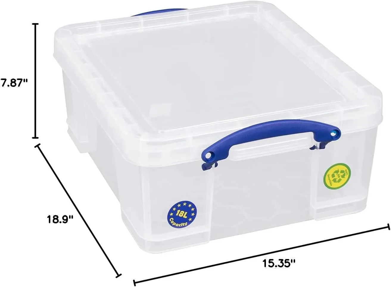 Really Useful Box Plastic Storage Container With Built-In Handles And Snap Lid, 17 Liters, 18 7/8in x 15 3/8in x 8in, Clear