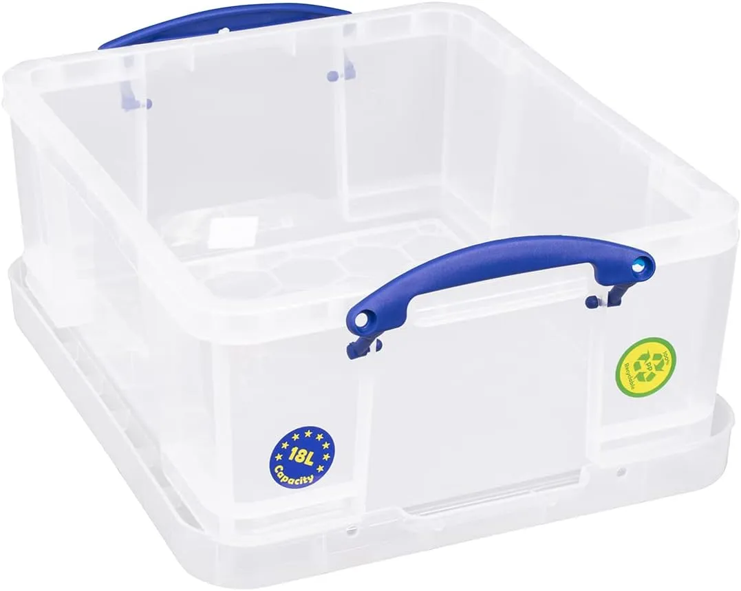 Really Useful Box Plastic Storage Container With Built-In Handles And Snap Lid, 17 Liters, 18 7/8in x 15 3/8in x 8in, Clear