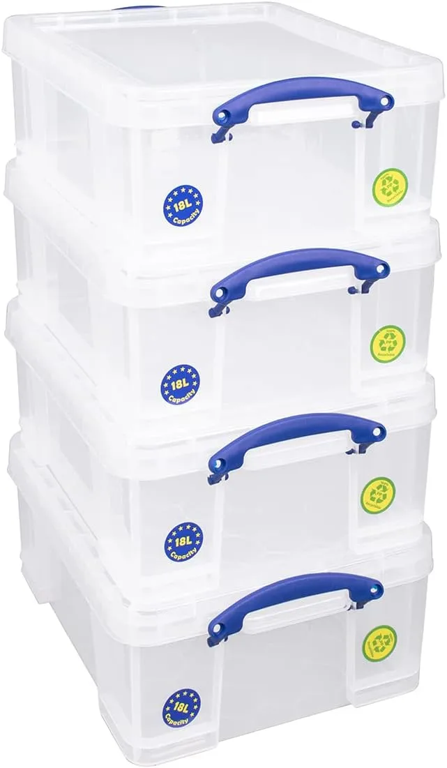 Really Useful Box Plastic Storage Container With Built-In Handles And Snap Lid, 17 Liters, 18 7/8in x 15 3/8in x 8in, Clear