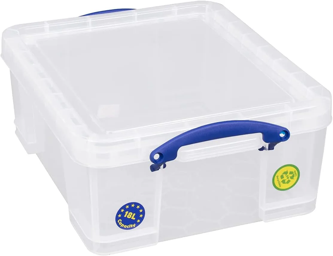 Really Useful Box Plastic Storage Container With Built-In Handles And Snap Lid, 17 Liters, 18 7/8in x 15 3/8in x 8in, Clear