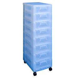 Really Useful Box® Plastic 8-Drawer Storage Tower, 7 Liters, 36 1/2" x 15 3/4" x 12", Clear/Rainbow