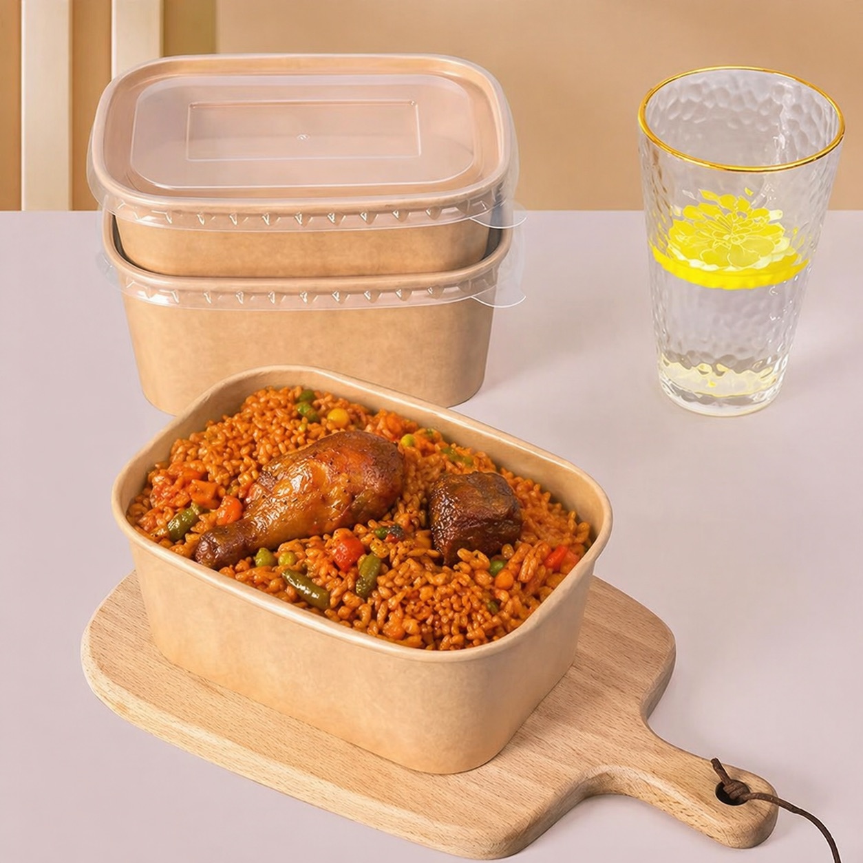RECTANGULAR KRAFT PACK WITH PP LIDS (MICROWAVEABLE) - 500ML/750ML/1000ML