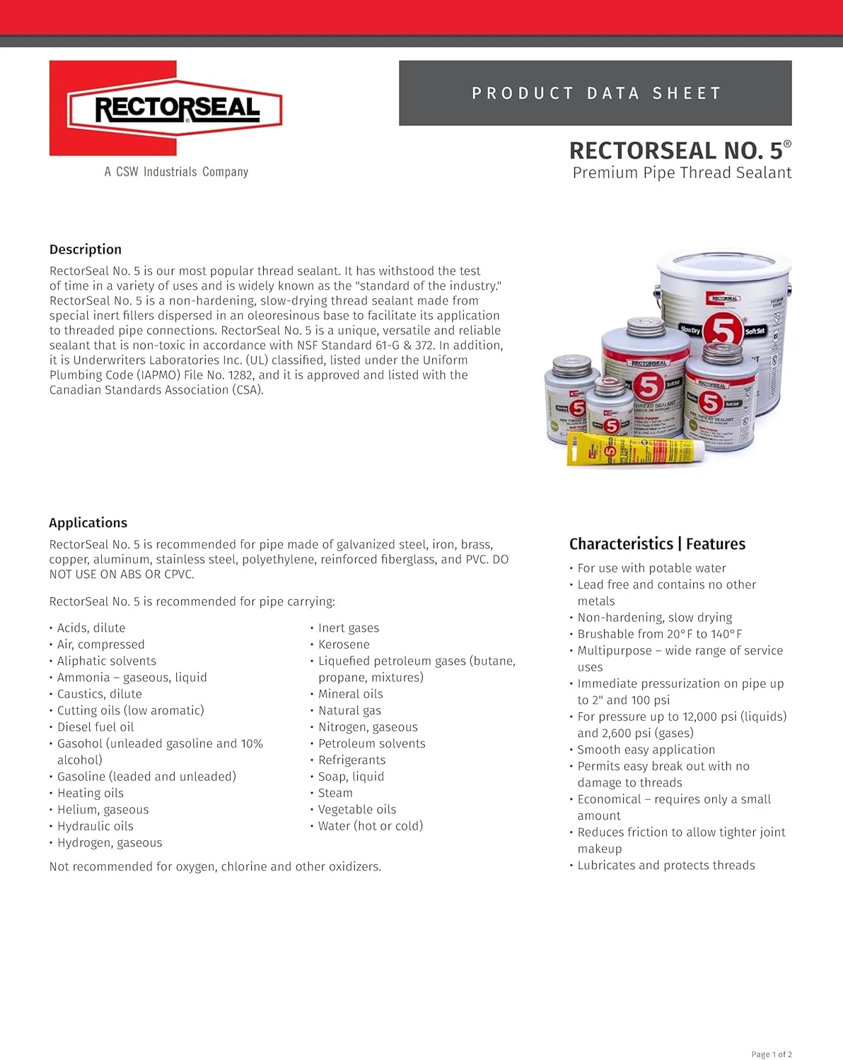 RectorSeal No. 5 25631 Pipe Thread Sealant, Lubricates & Protects Threads, Soft Setting, Slow Drying, & Permits Easy Breakout, Lead Free & Contains No Other Metals, 4 oz