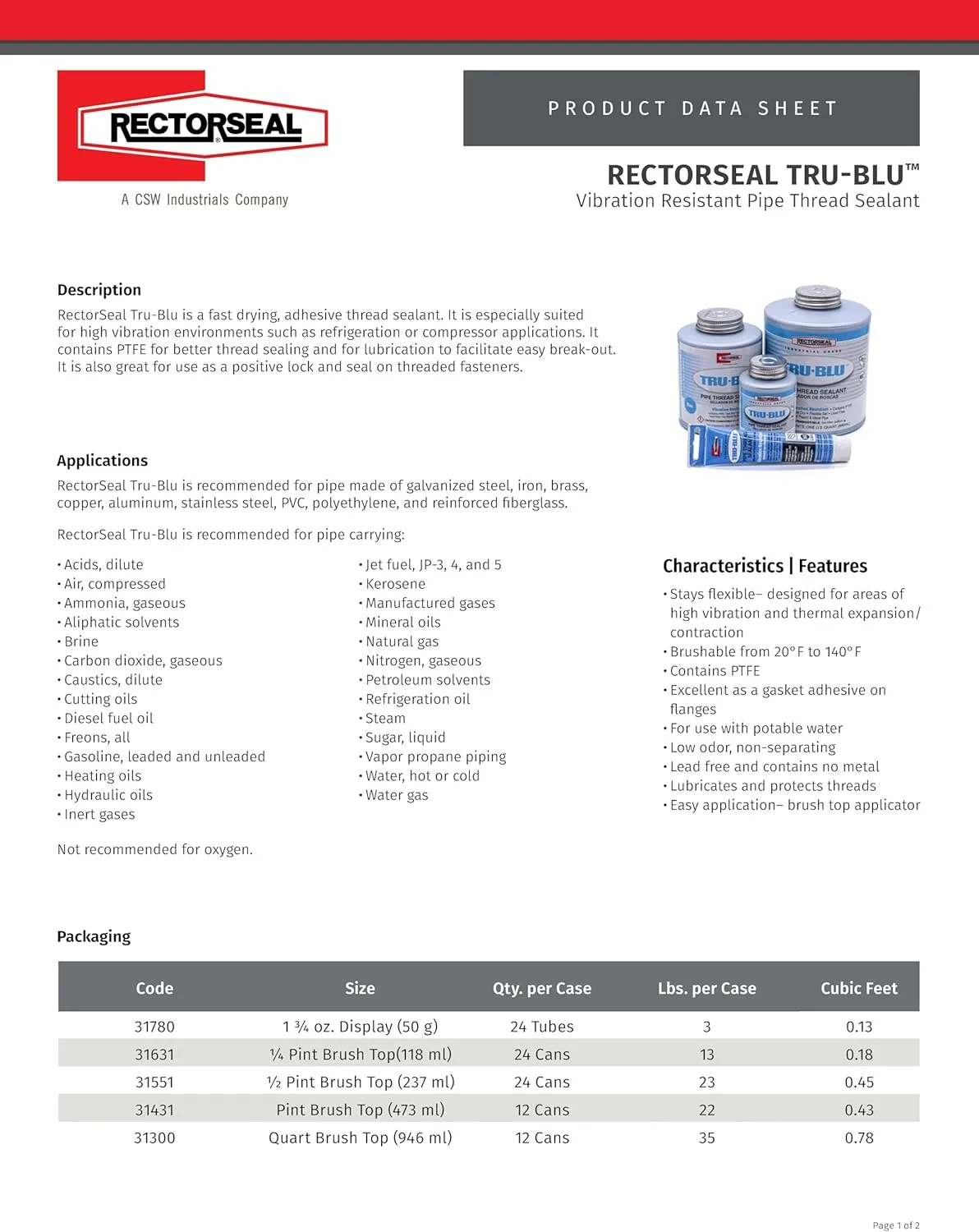Rectorseal 31300 Quart Brush Top Tru-Blu Pipe Thread Sealant , Blue