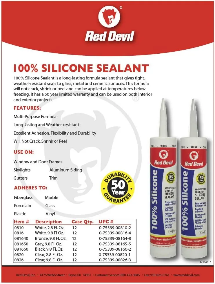 Red Devil 100% Silicone Sealant Architectural Grade, 2.8 oz Tube