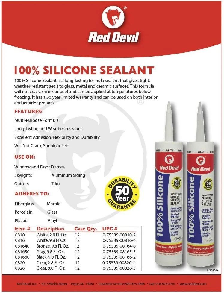 Red Devil 100% Silicone Sealant Architectural Grade, 2.8 oz Tube