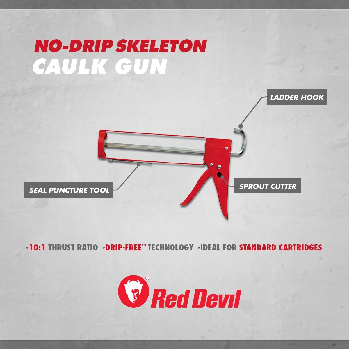Red Devil 3984 9" Professional No Drip Caulk Gun - Thrust Ratio 10:1 Skeleton Drip Free