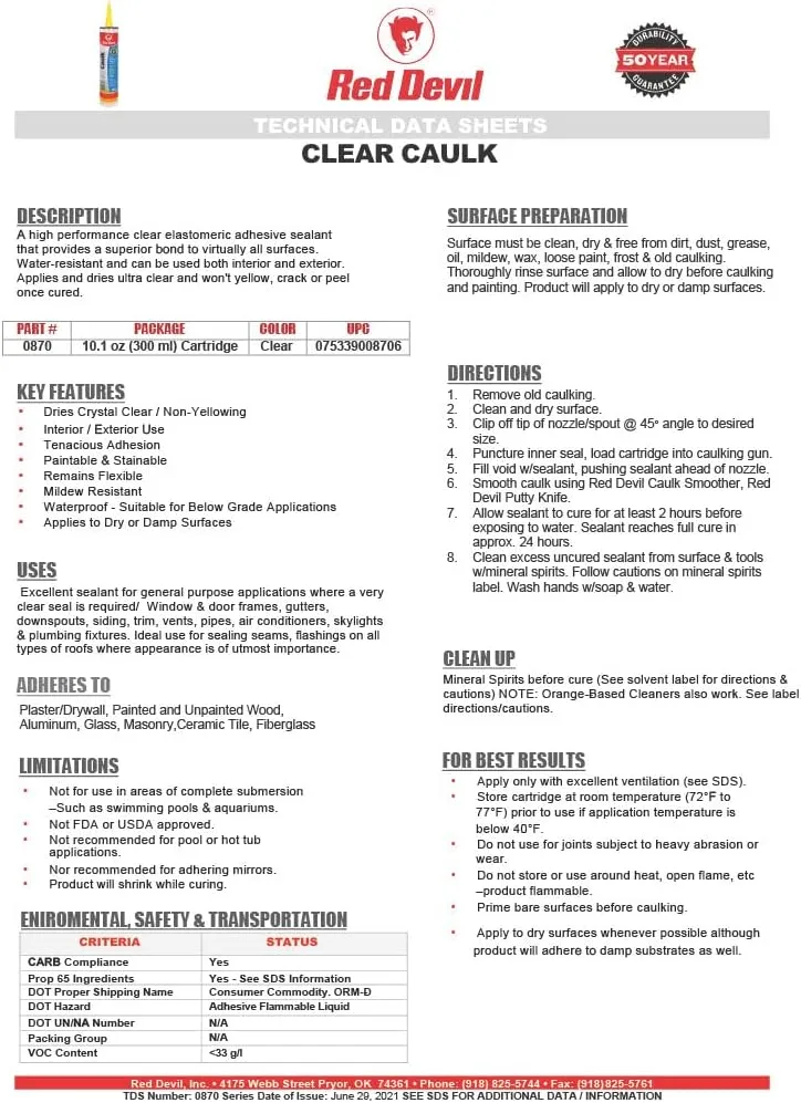 Red Devil 0870 Clear Caulk High Performance Adhesive Sealant, 10.1 Oz., Clear, 1 Pack