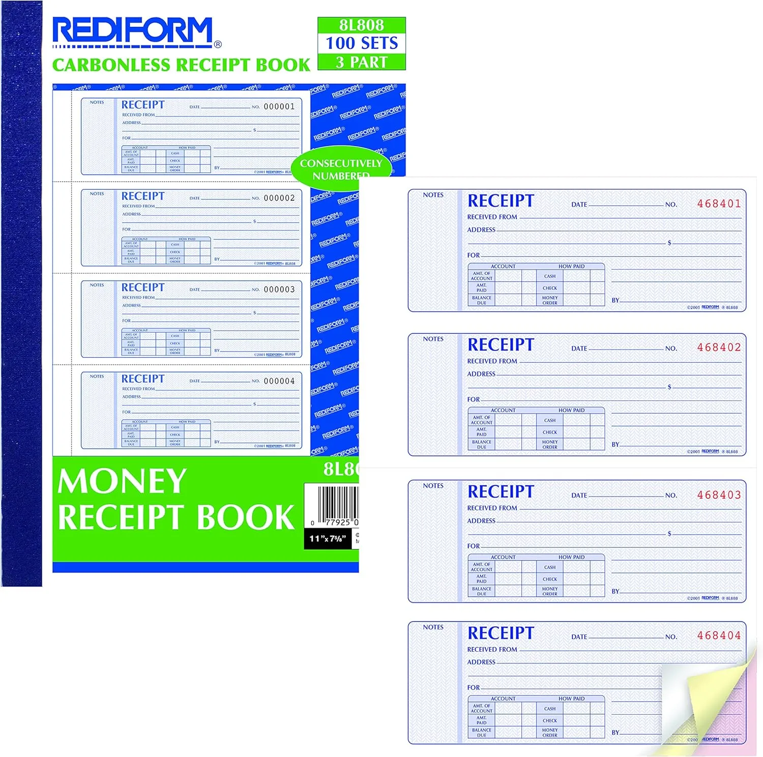 Rediform Money Receipt Book, 3-Part Carbonless, 100 Numbered Sets (8L808)