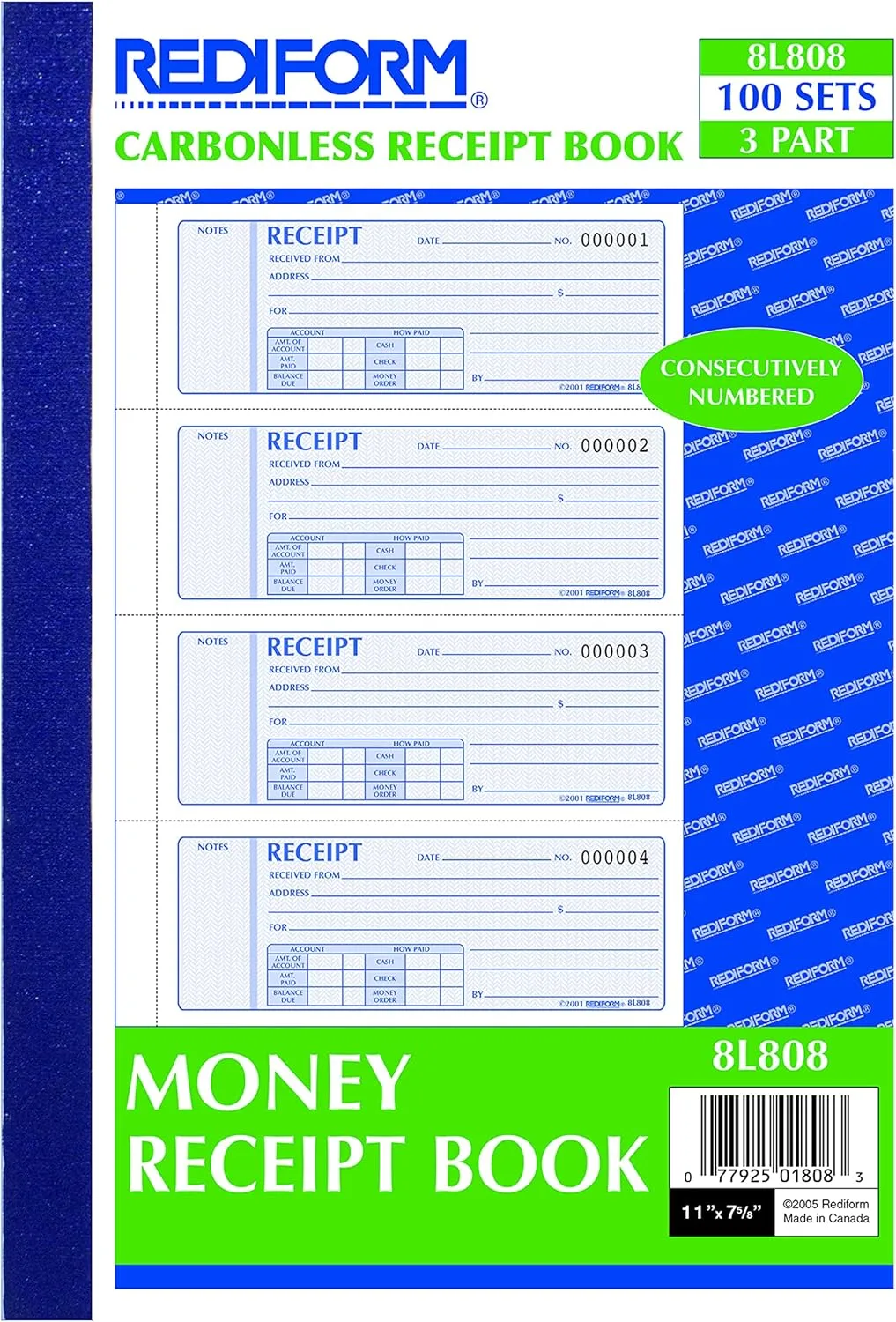 Rediform Money Receipt Book, 3-Part Carbonless, 100 Numbered Sets (8L808)