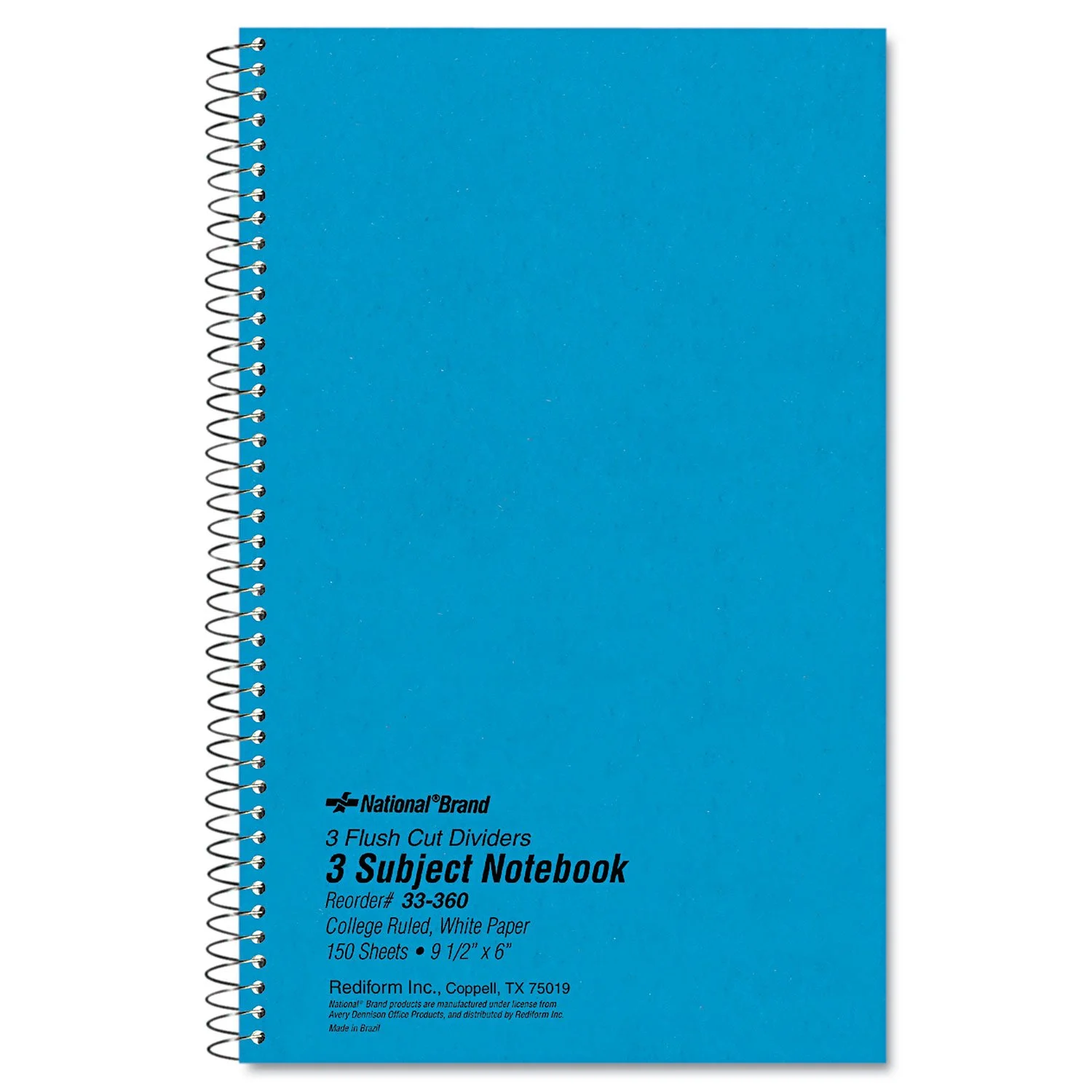 Rediform National 33360 3 Subject Wirebound Notebook College Rule 6 x 9 1/2 White 150 Sheets